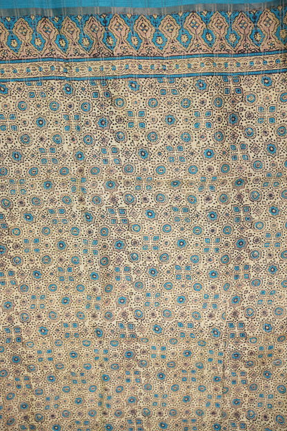 Tussar Raw Silk Saree with Checkered Body & Ajrakh Printed Pallu and Blouse – Beige & Turquoise Blue