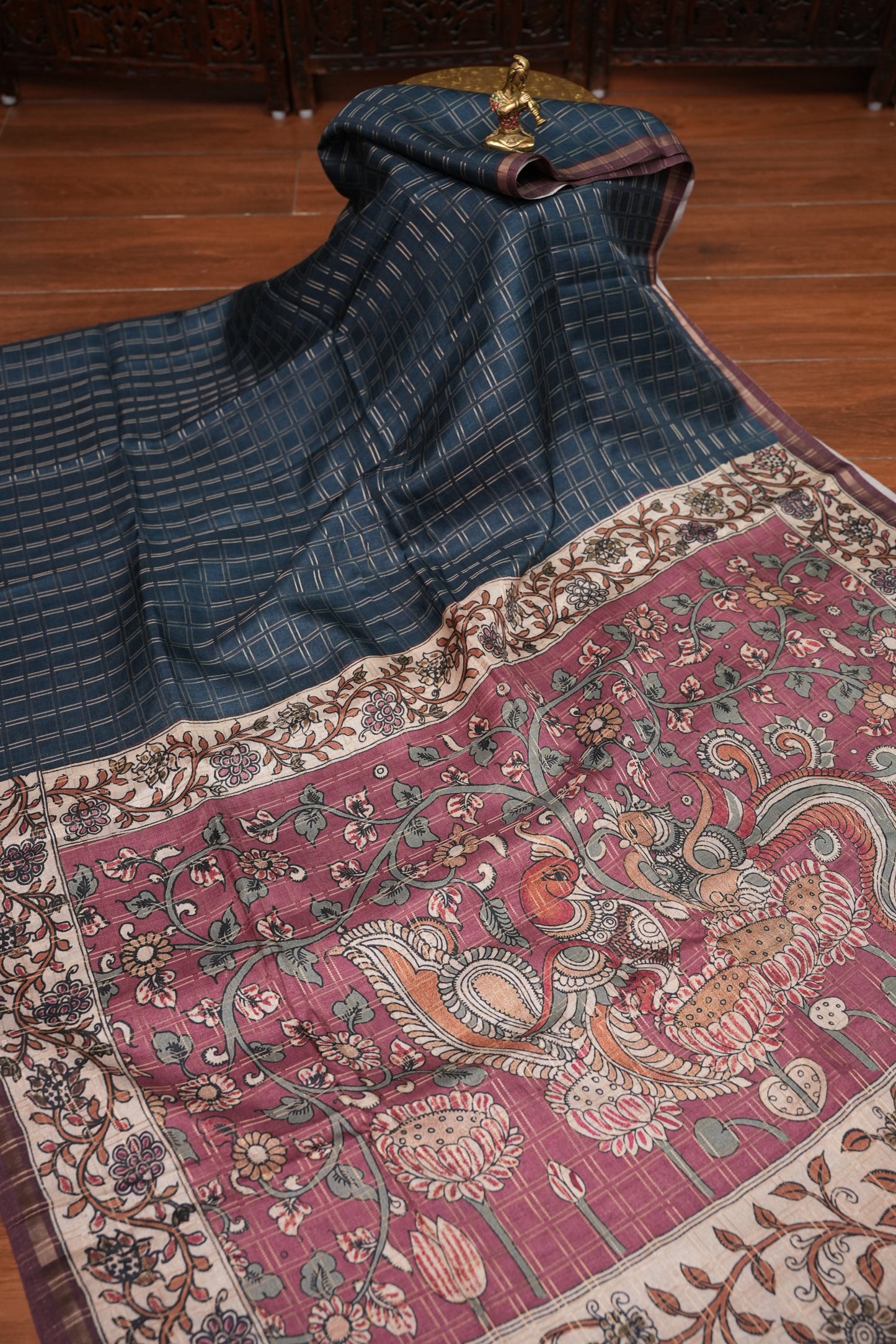 Tussar Raw Silk Saree with Checkered Body & Kalamkari Printed Pallu and Blouse – Deep Teal Blue & Wine