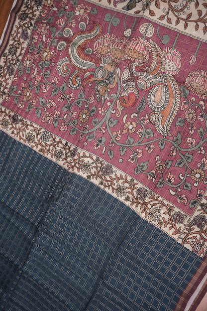Tussar Raw Silk Saree with Checkered Body & Kalamkari Printed Pallu and Blouse – Deep Teal Blue & Wine