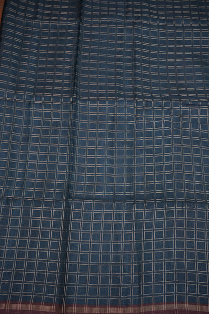 Tussar Raw Silk Saree with Checkered Body & Kalamkari Printed Pallu and Blouse – Deep Teal Blue & Wine