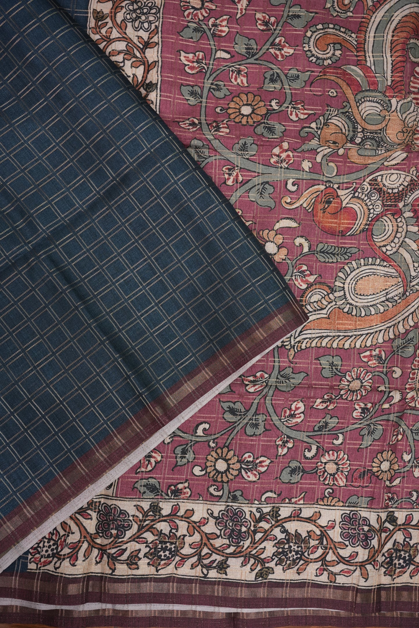 Tussar Raw Silk Saree with Checkered Body & Kalamkari Printed Pallu and Blouse – Deep Teal Blue & Wine