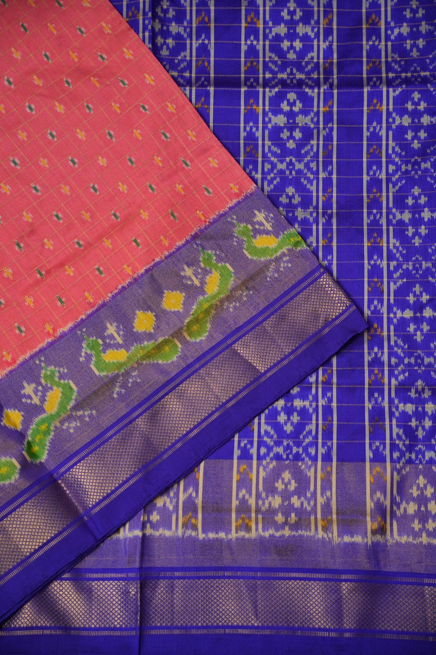 Pure Ikkat Soft Silk Saree - Dark Peach & Blue