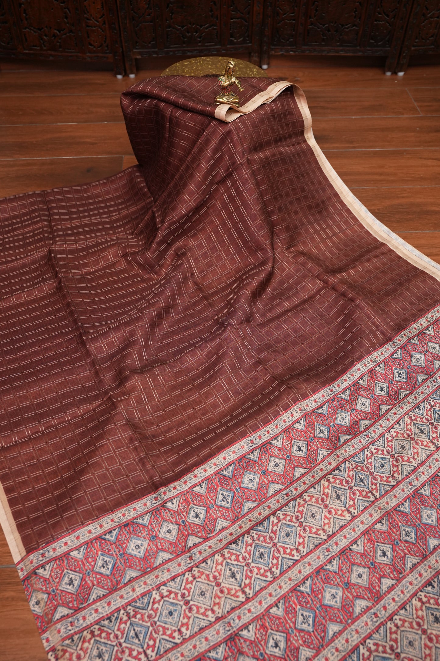 Tussar Raw Silk Saree with Checkered Body & Ajrakh Printed Pallu and Blouse – Rust Brown & Beige