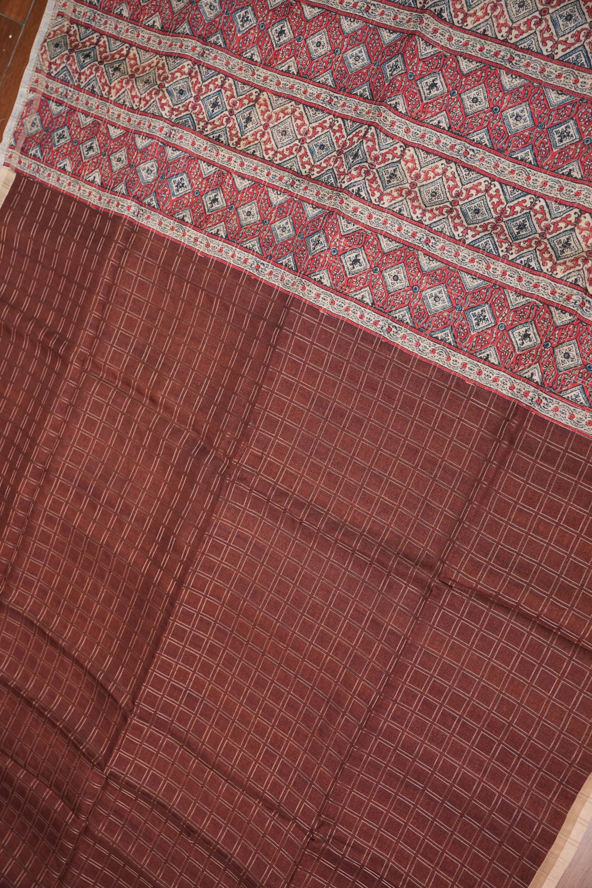 Tussar Raw Silk Saree with Checkered Body & Ajrakh Printed Pallu and Blouse – Rust Brown & Beige