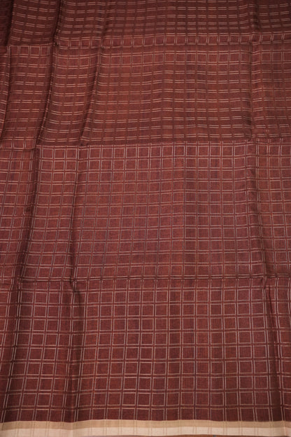Tussar Raw Silk Saree with Checkered Body & Ajrakh Printed Pallu and Blouse – Rust Brown & Beige