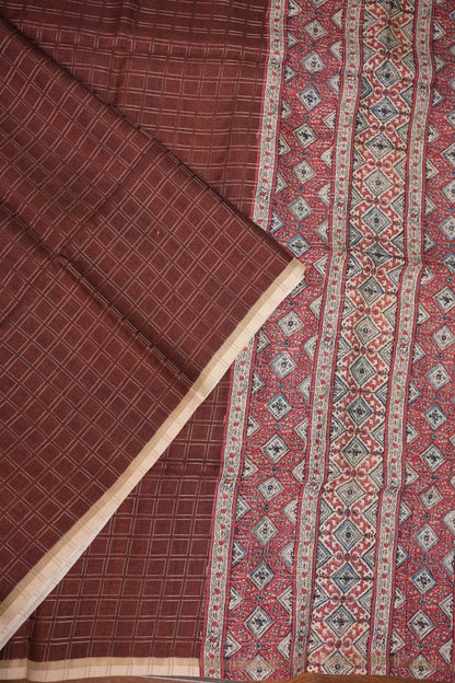 Tussar Raw Silk Saree with Checkered Body & Ajrakh Printed Pallu and Blouse – Rust Brown & Beige