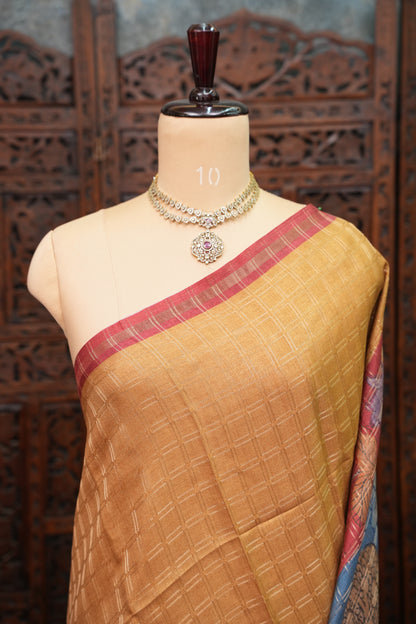 Tussar Raw Silk Saree with Checkered Body & Kalamkari Printed Pallu and Blouse – Antique Gold & Red