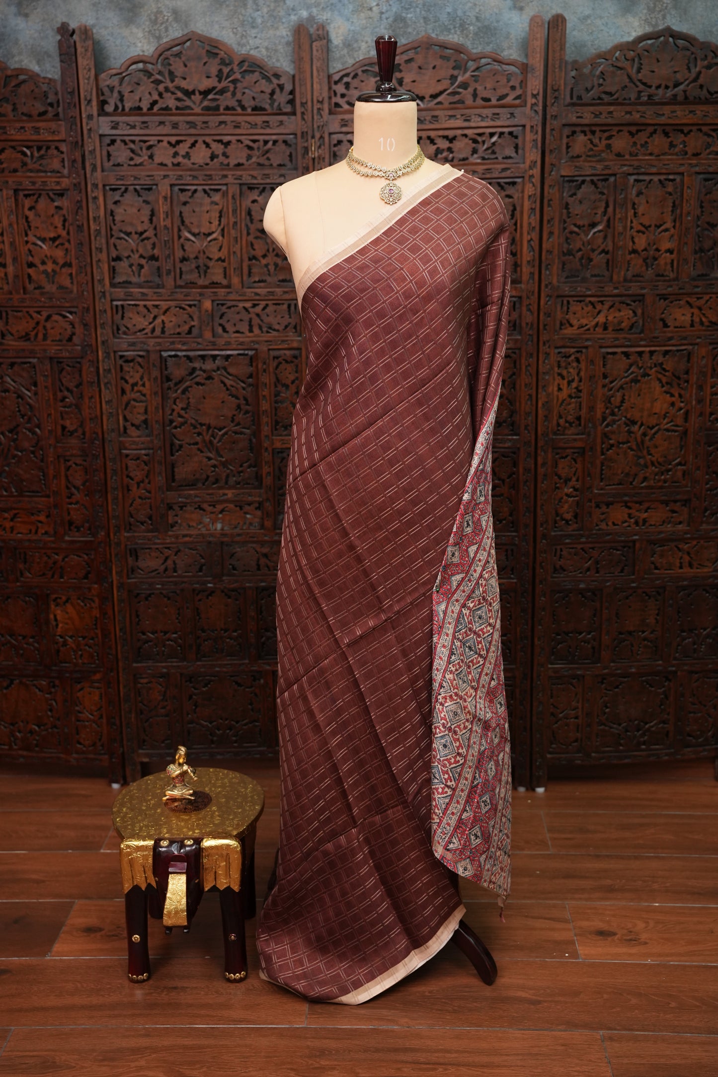 Tussar Raw Silk Saree with Checkered Body & Ajrakh Printed Pallu and Blouse – Rust Brown & Beige