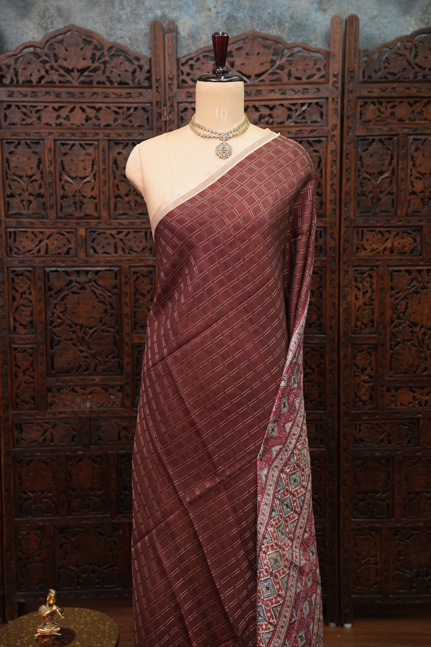 Tussar Raw Silk Saree with Checkered Body & Ajrakh Printed Pallu and Blouse – Rust Brown & Beige