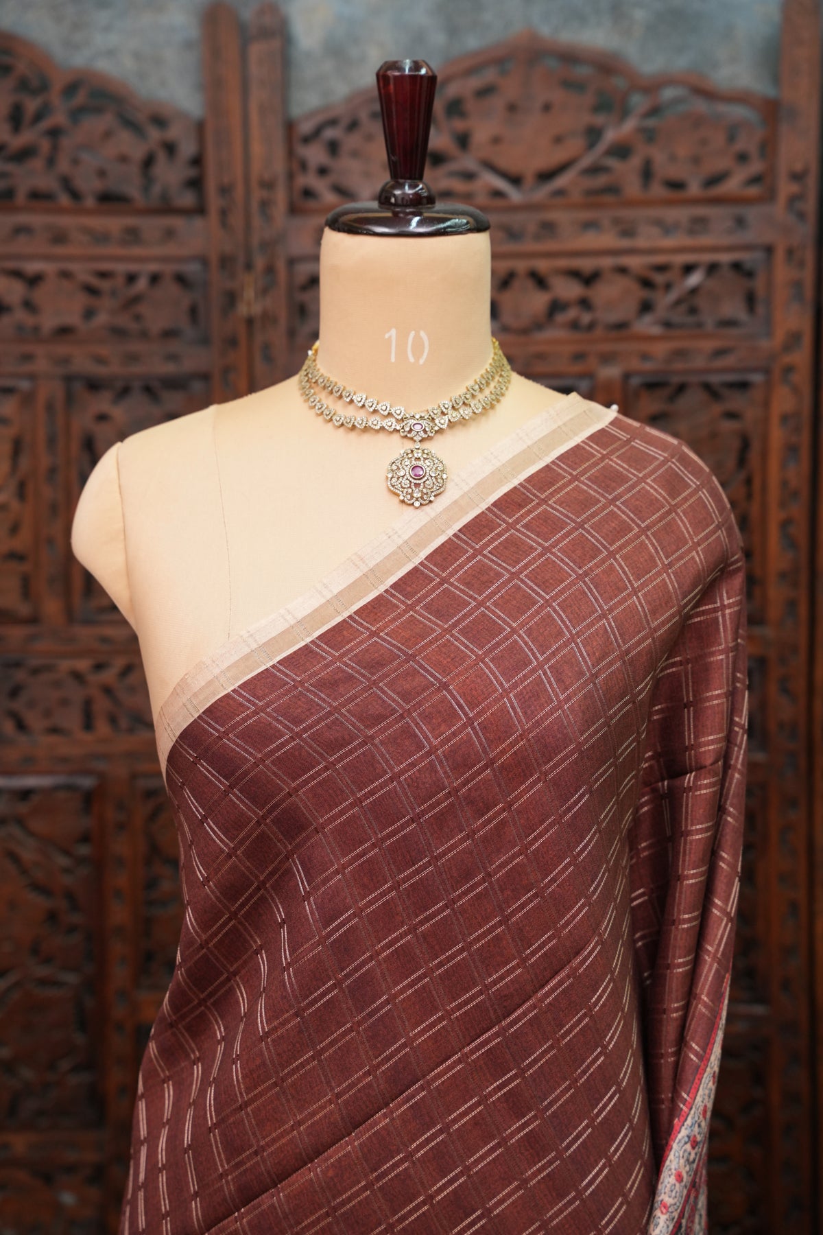 Tussar Raw Silk Saree with Checkered Body & Ajrakh Printed Pallu and Blouse – Rust Brown & Beige