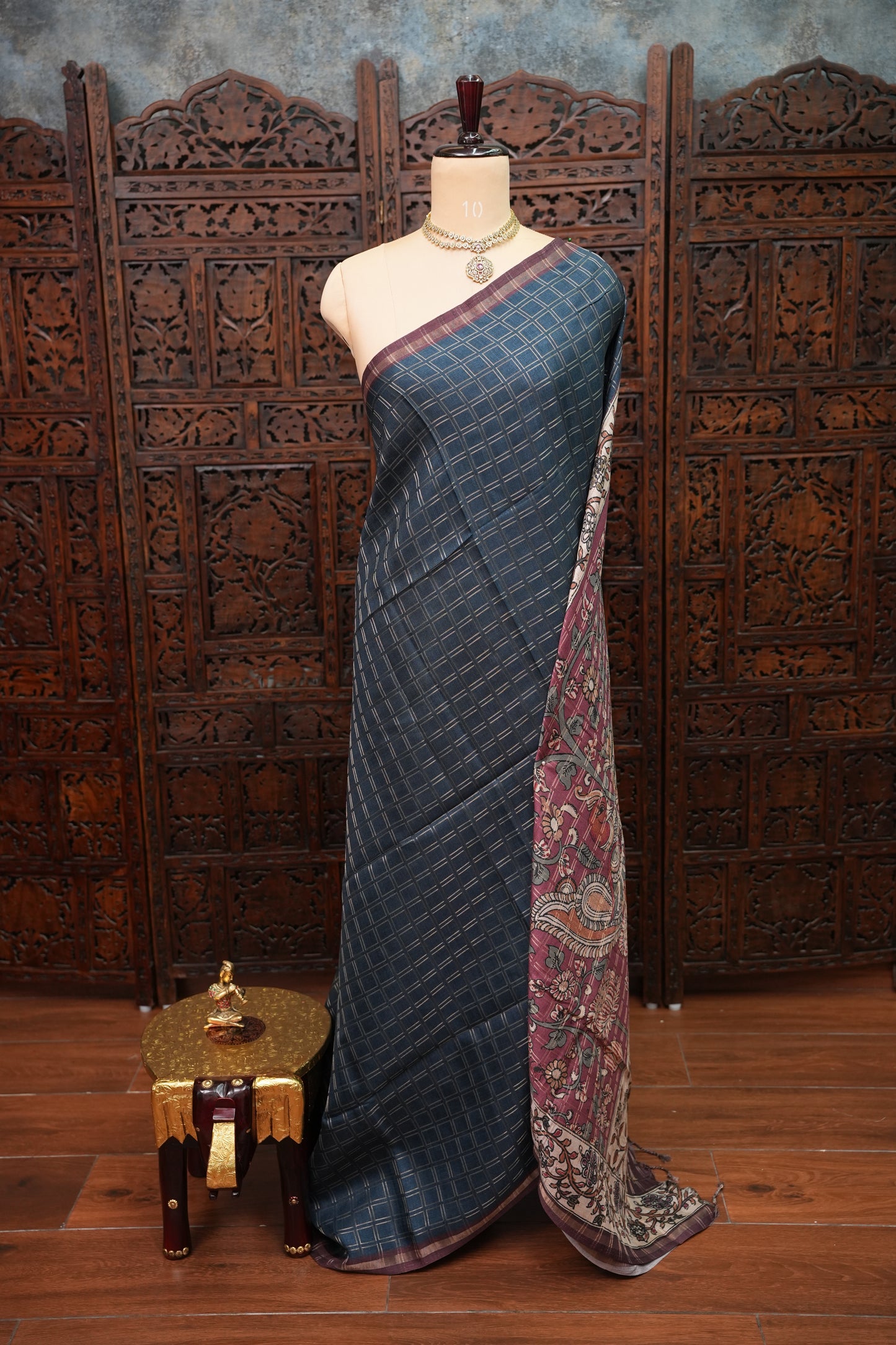 Tussar Raw Silk Saree with Checkered Body & Kalamkari Printed Pallu and Blouse – Deep Teal Blue & Wine