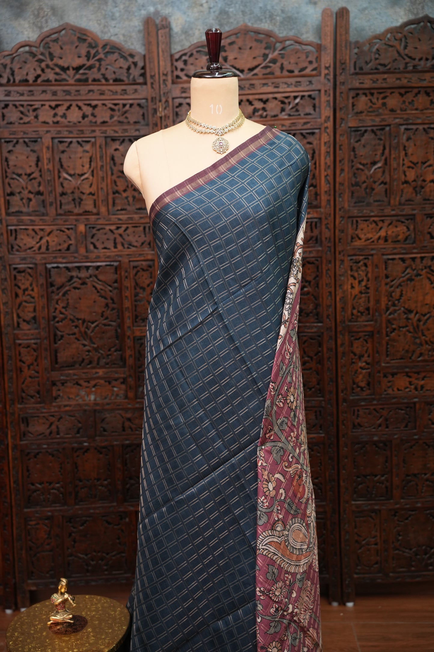 Tussar Raw Silk Saree with Checkered Body & Kalamkari Printed Pallu and Blouse – Deep Teal Blue & Wine