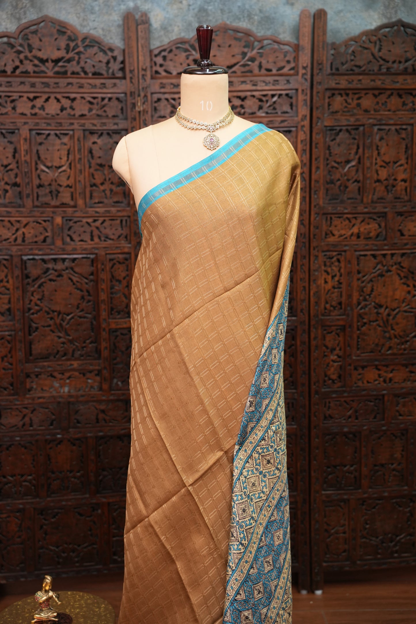 Tussar Raw Silk Saree with Checkered Body & Ajrakh Printed Pallu and Blouse – Beige & Turquoise Blue
