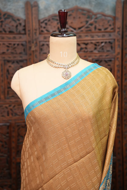 Tussar Raw Silk Saree with Checkered Body & Ajrakh Printed Pallu and Blouse – Beige & Turquoise Blue