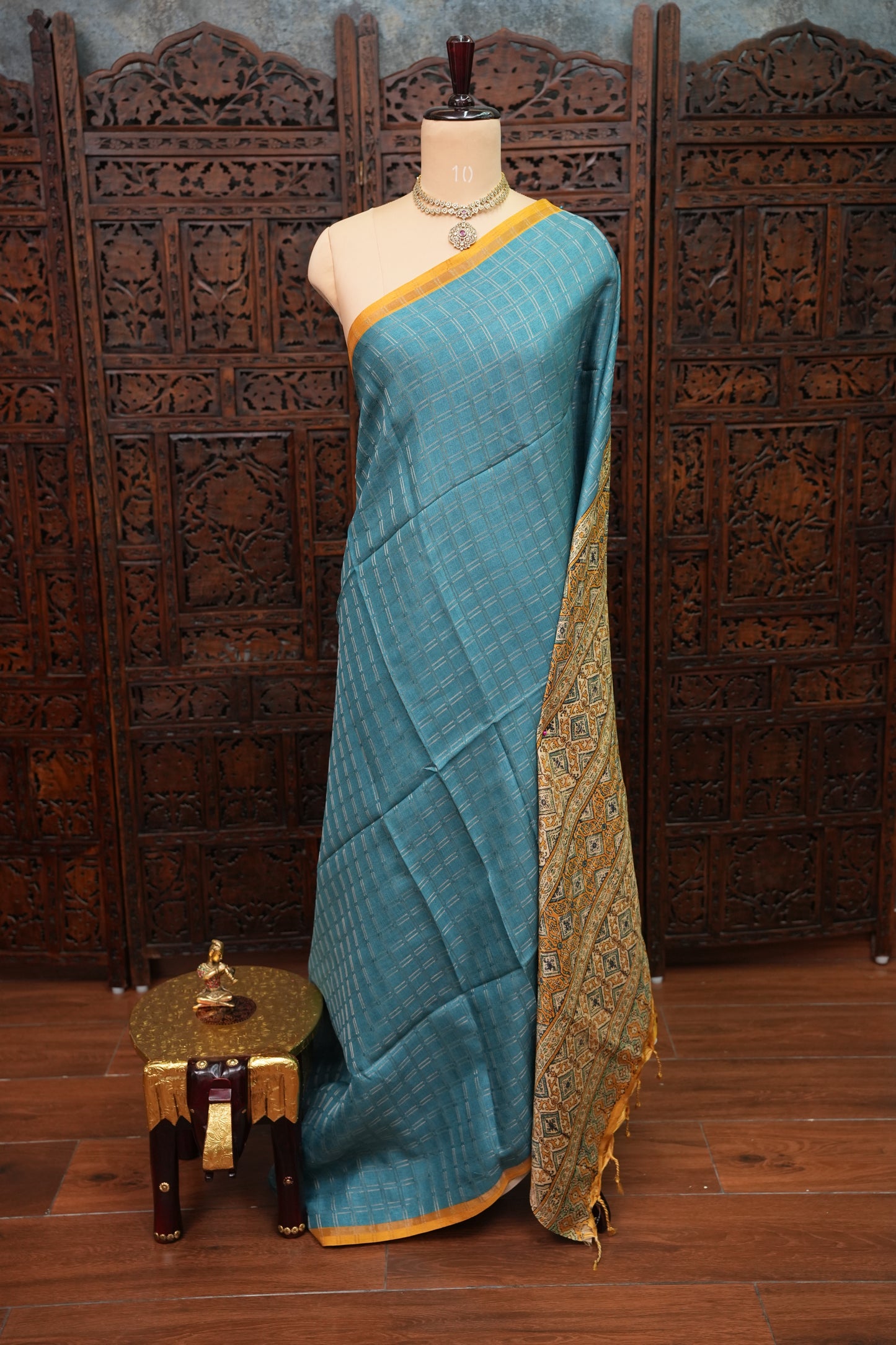 Tussar Raw Silk Saree with Checkered Body & Ajrakh Printed Pallu and Blouse – Turquoise Blue & Mustard