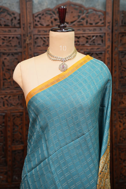 Tussar Raw Silk Saree with Checkered Body & Ajrakh Printed Pallu and Blouse – Turquoise Blue & Mustard