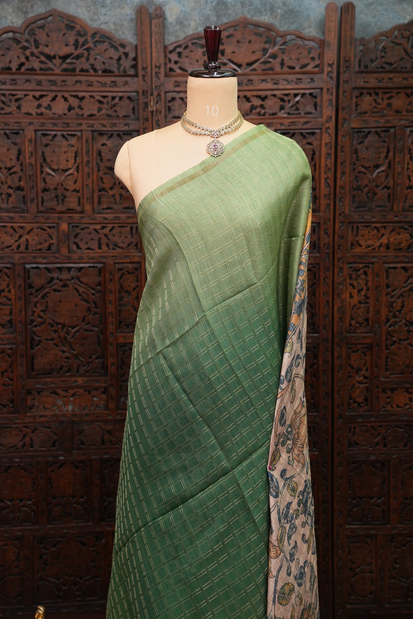 Tussar Raw Silk Saree with Dual-Shade Checkered Body & Kalamkari Printed Pallu and Blouse – Sage Green