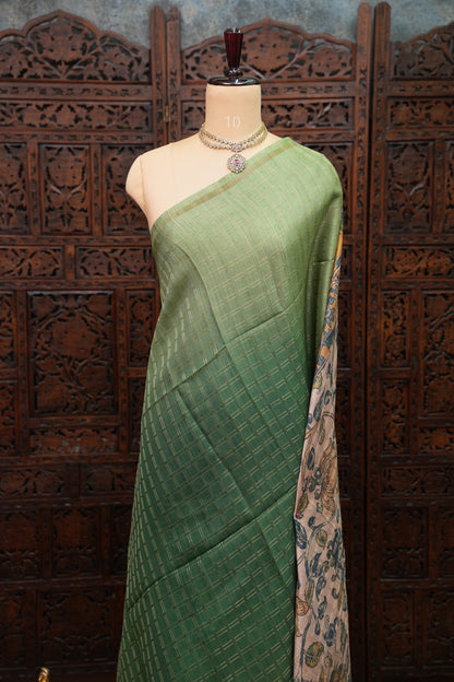 Tussar Raw Silk Saree with Dual-Shade Checkered Body & Kalamkari Printed Pallu and Blouse – Sage Green