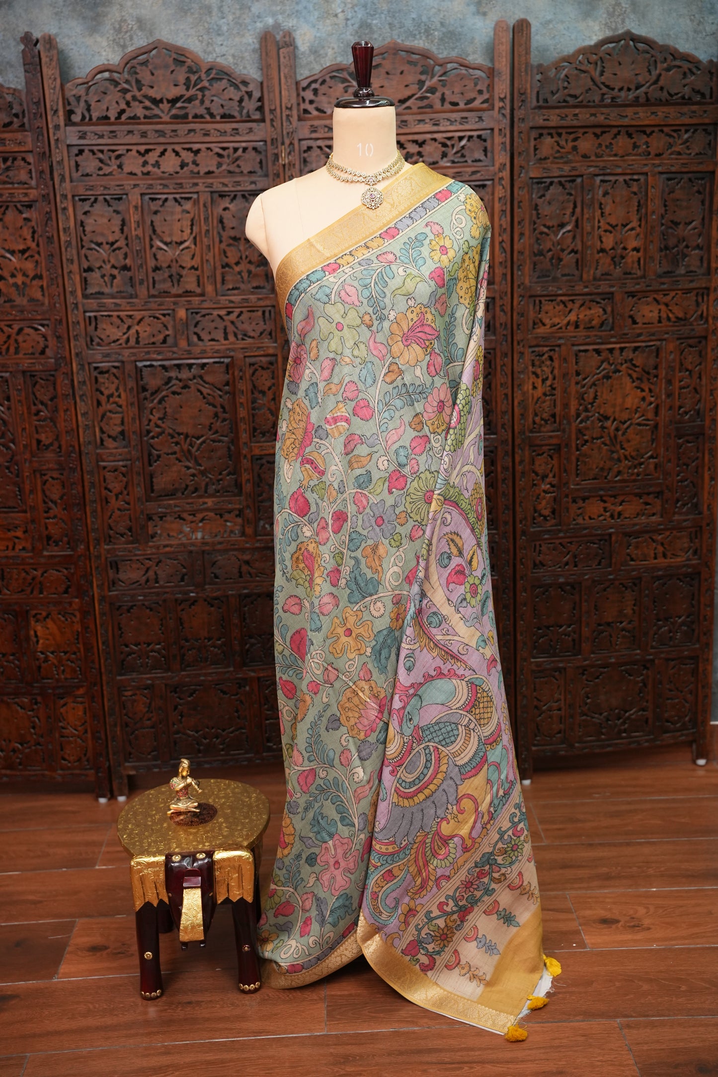 Linen Tussar Saree with Kalamkari Digital Print – Steel Grey Kalamkari Theme