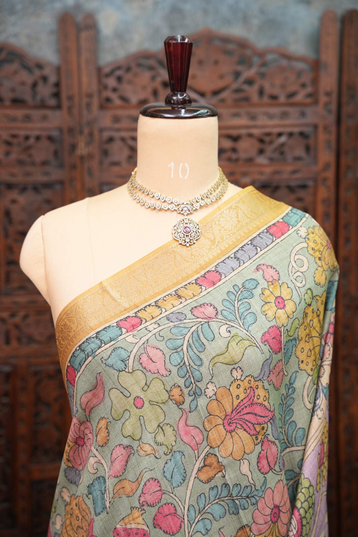 Linen Tussar Saree with Kalamkari Digital Print – Steel Grey Kalamkari Theme