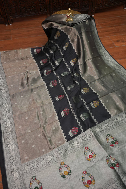 Mellow Tissue & Banarasi Fusion Saree with Meenakari Detailing – Black & Silver