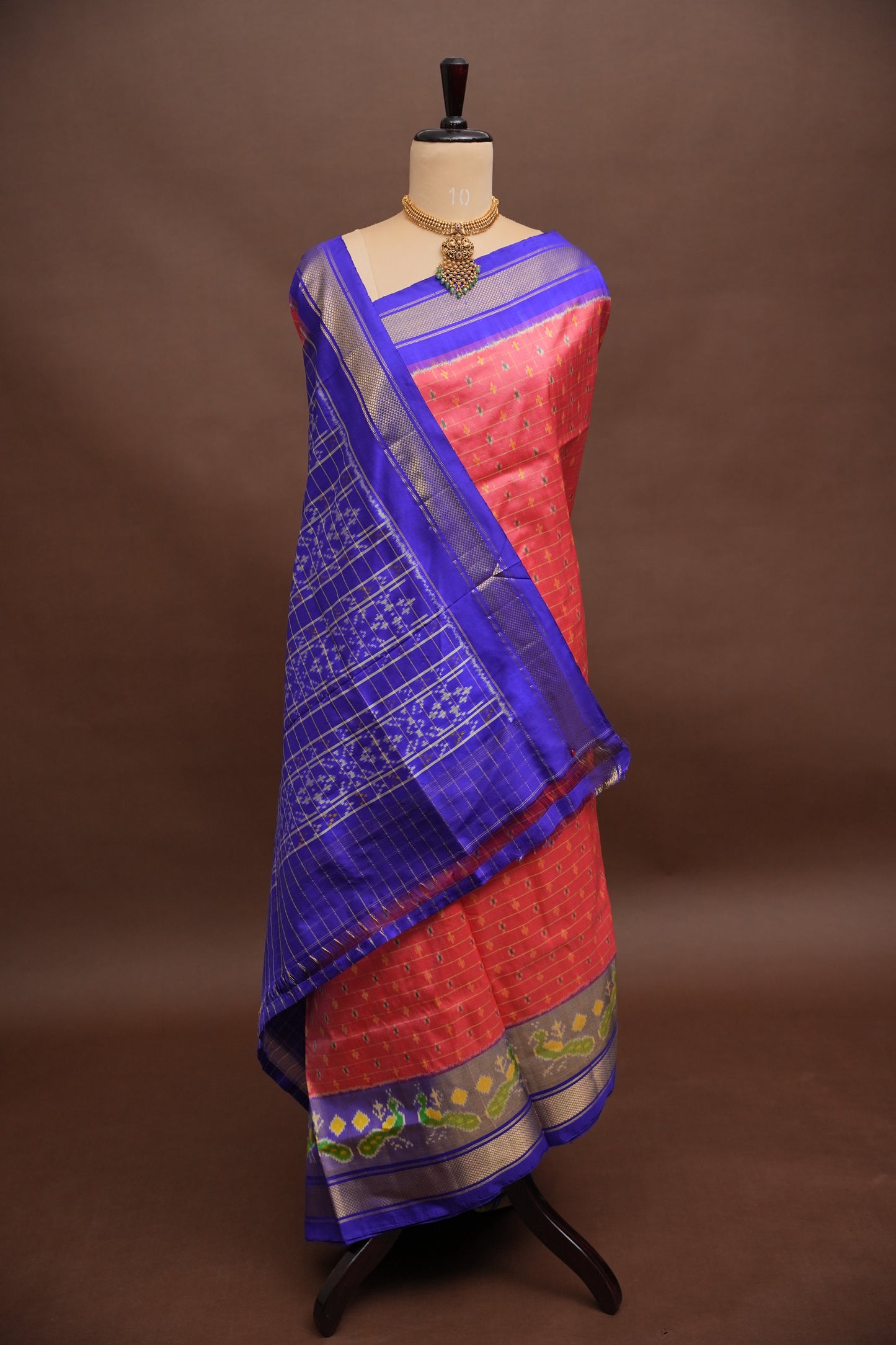 Pure Ikkat Soft Silk Saree - Dark Peach & Blue