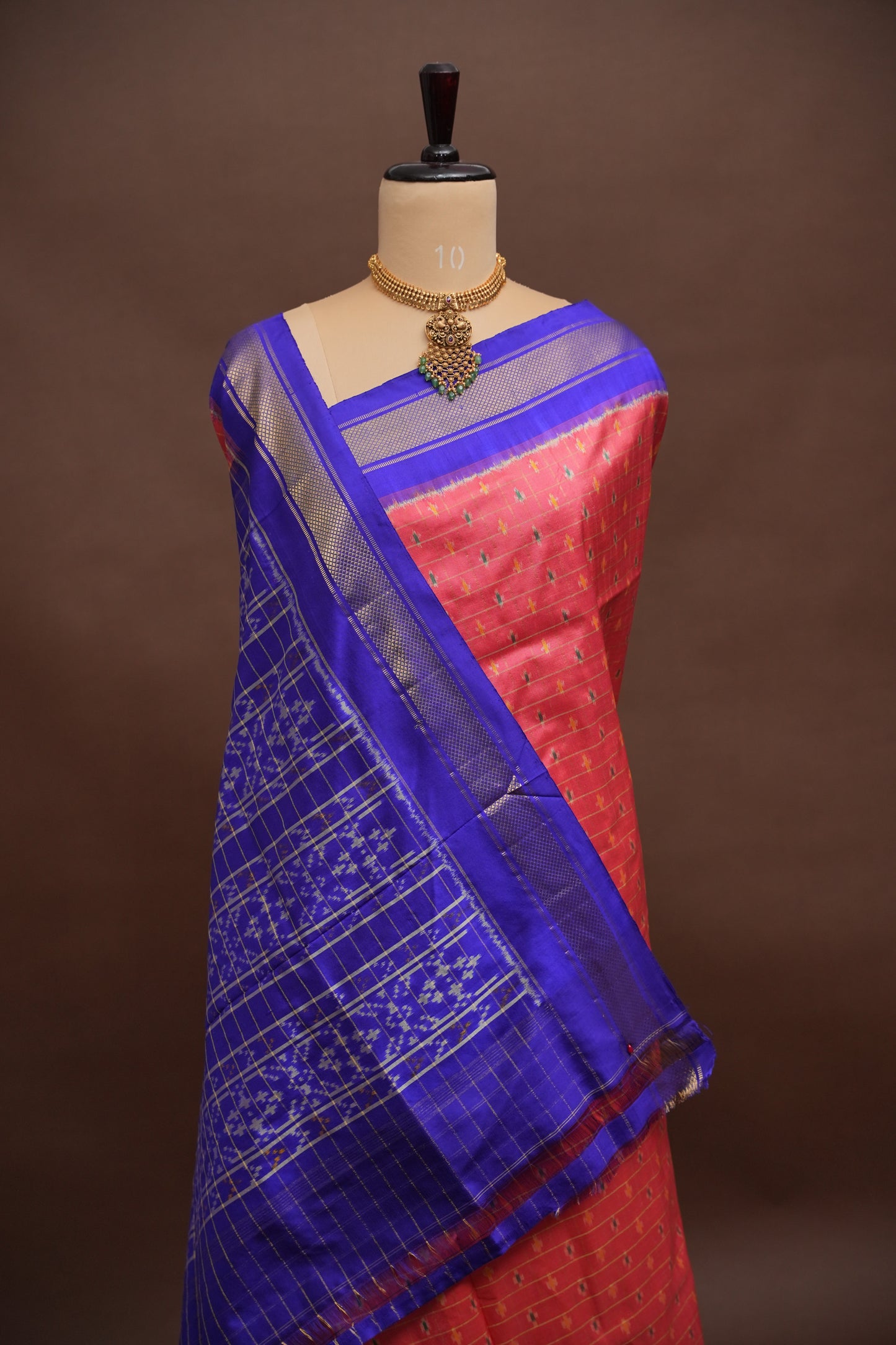 Pure Ikkat Soft Silk Saree - Dark Peach & Blue