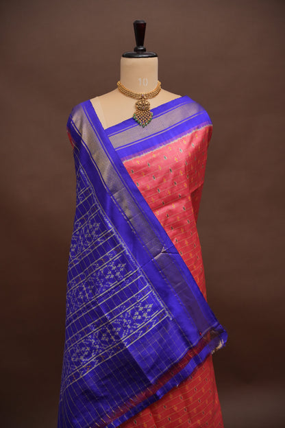 Pure Ikkat Soft Silk Saree - Dark Peach & Blue