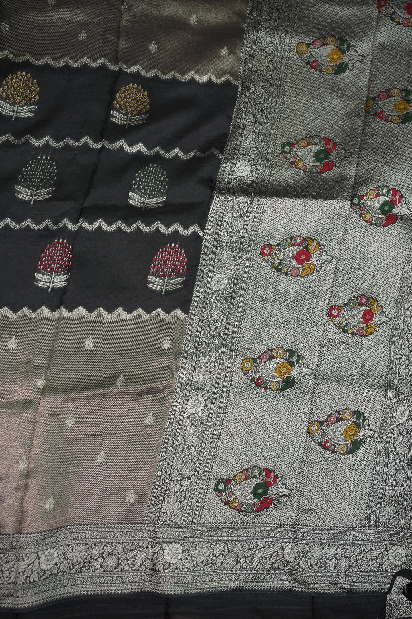 Mellow Tissue & Banarasi Fusion Saree with Meenakari Detailing – Black & Silver