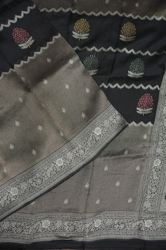 Mellow Tissue & Banarasi Fusion Saree with Meenakari Detailing – Black & Silver