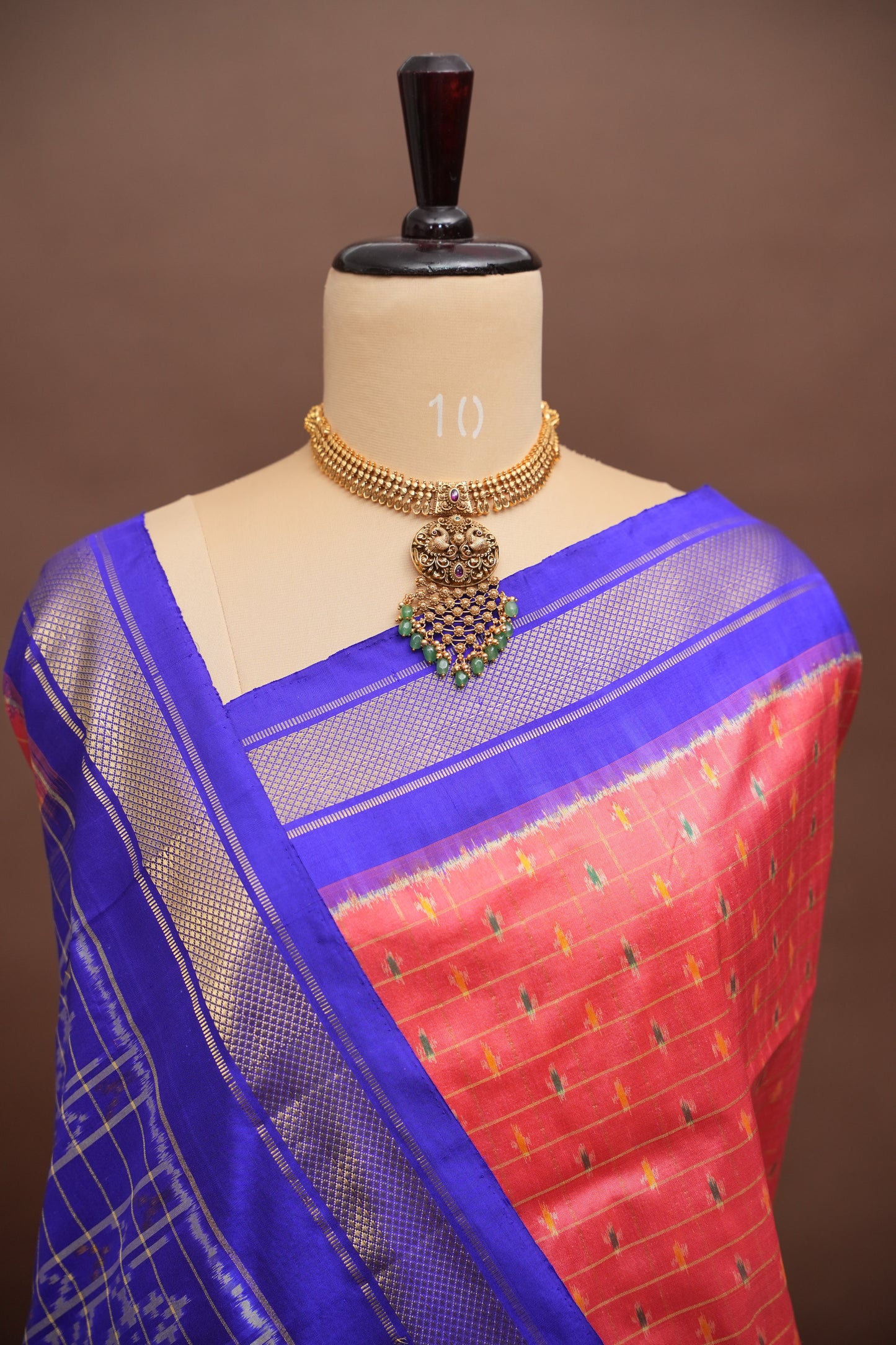 Pure Ikkat Soft Silk Saree - Dark Peach & Blue