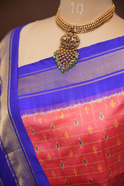 Pure Ikkat Soft Silk Saree - Dark Peach & Blue