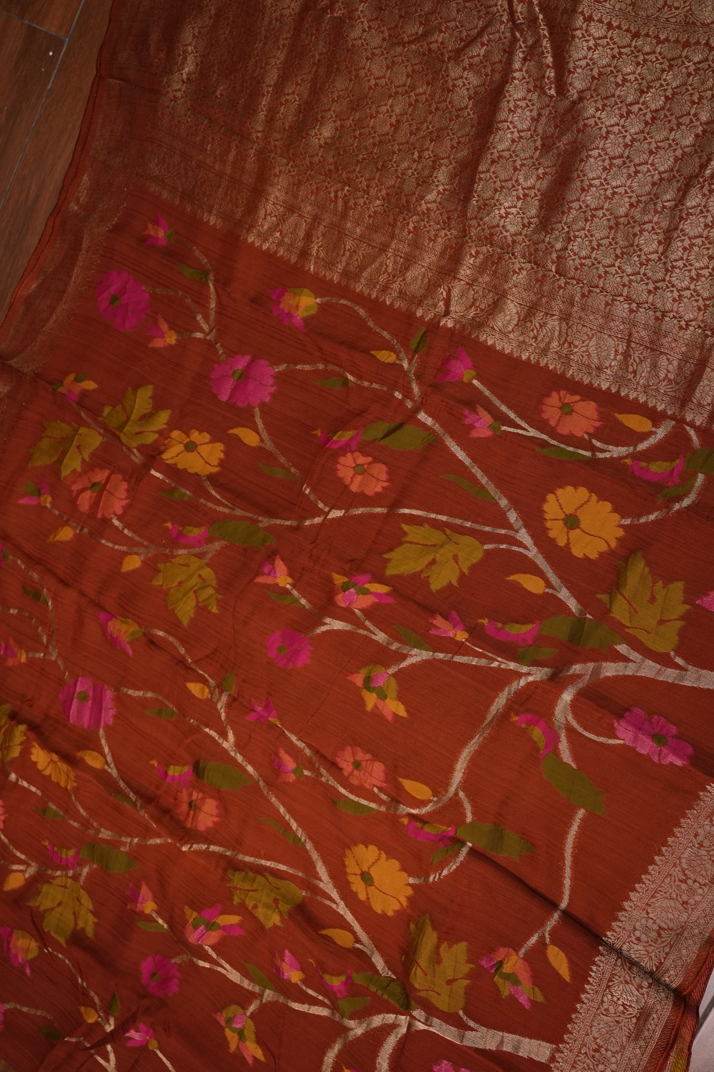 Soft Matka Banarasi Saree with Needle Design Work – Rust Orange