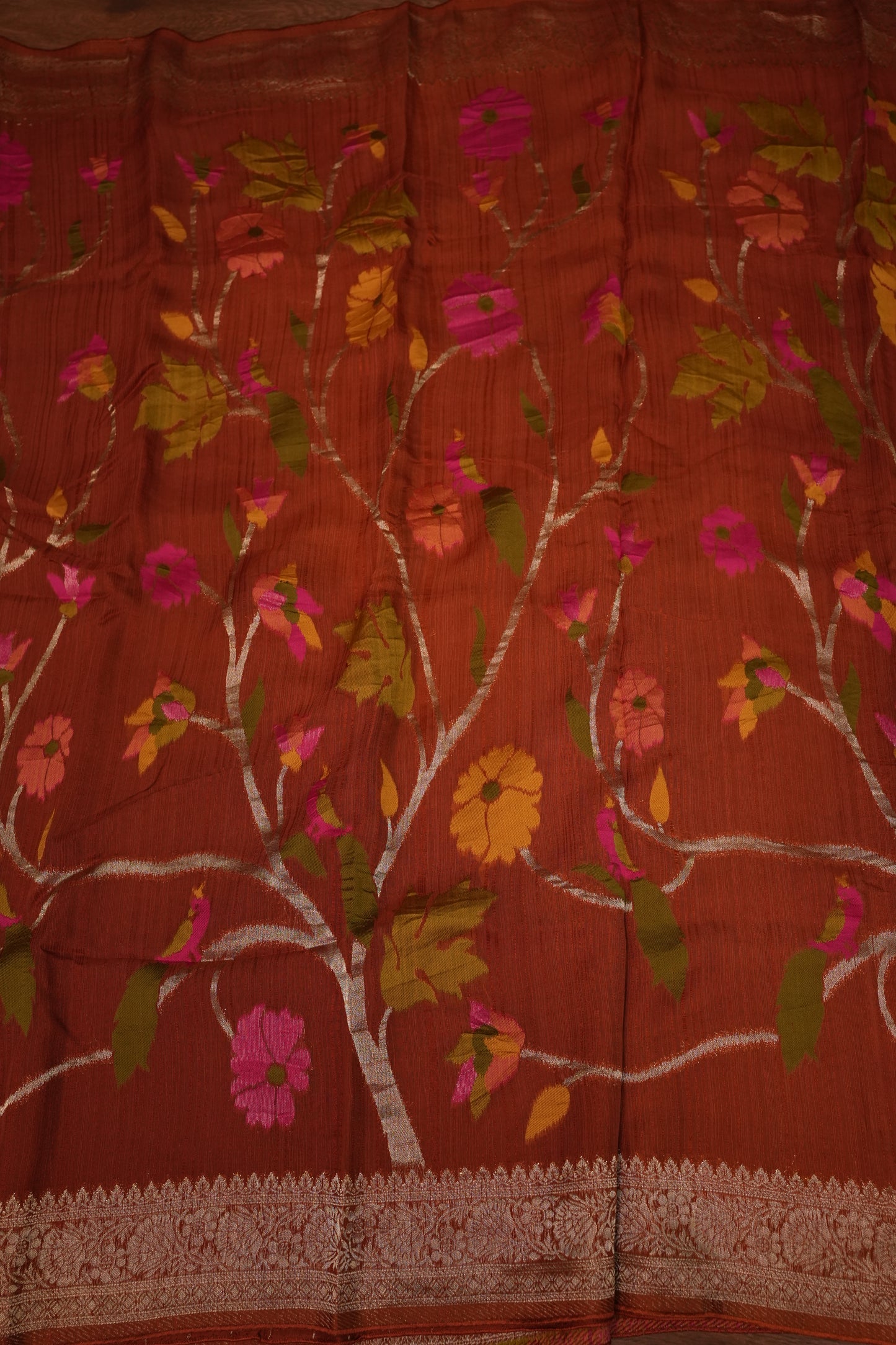 Soft Matka Banarasi Saree with Needle Design Work – Rust Orange