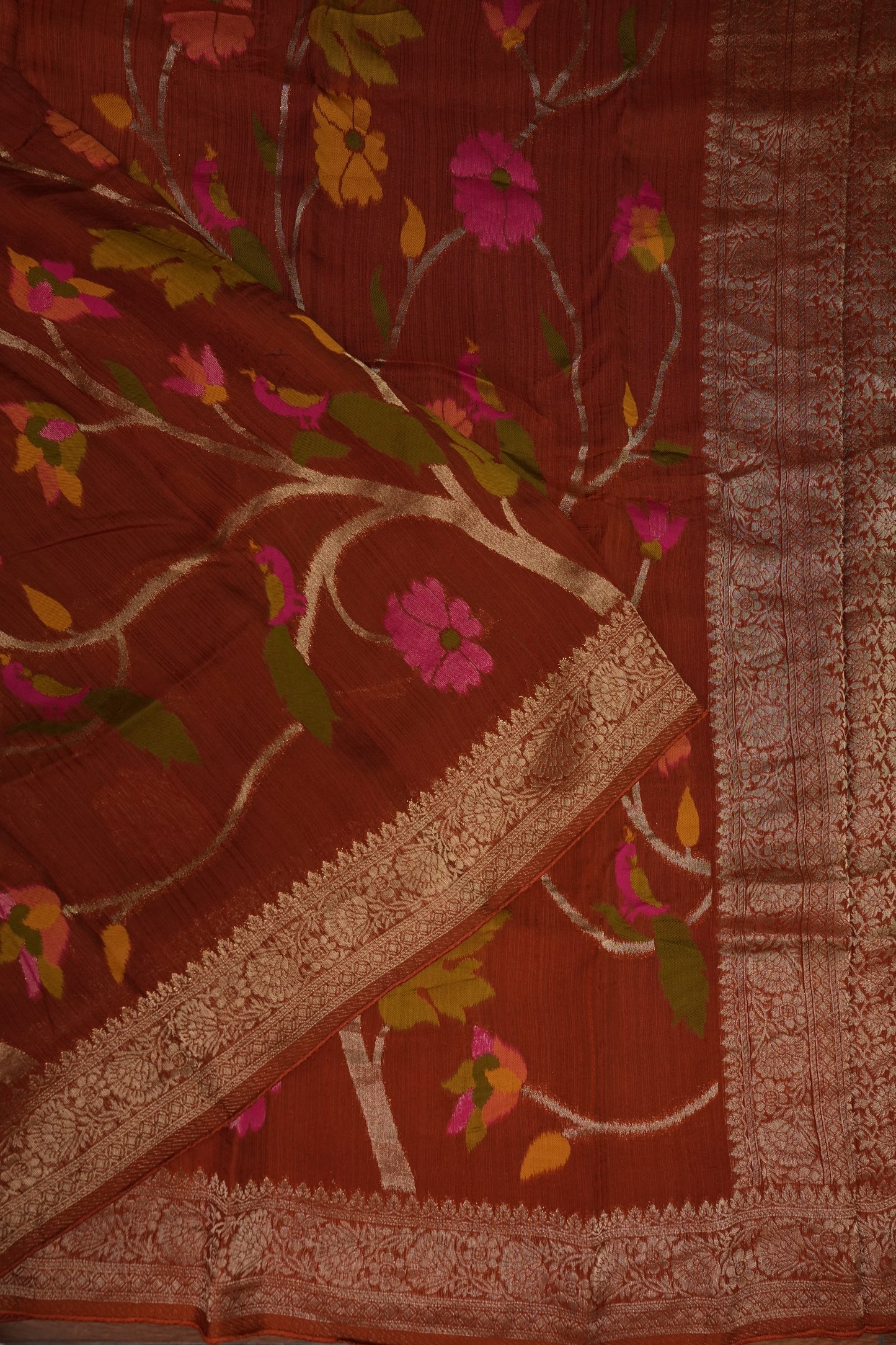 Soft Matka Banarasi Saree with Needle Design Work – Rust Orange