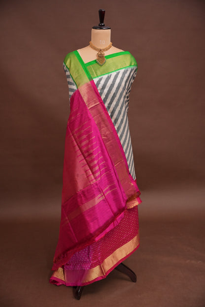Pure Ikkat Soft Silk Saree - Pink & Ivory