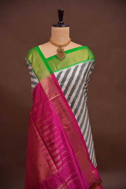 Pure Ikkat Soft Silk Saree - Pink & Ivory