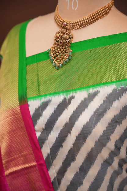 Pure Ikkat Soft Silk Saree - Pink & Ivory