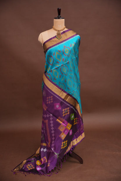 Pure Ikkat Soft Silk Saree - Turquoise Blue & Purple