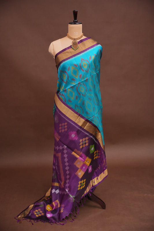 Pure Ikkat Soft Silk Saree - Turquoise Blue & Purple