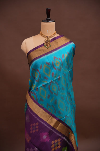 Pure Ikkat Soft Silk Saree - Turquoise Blue & Purple