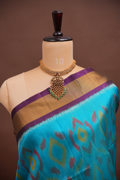 Pure Ikkat Soft Silk Saree - Turquoise Blue & Purple