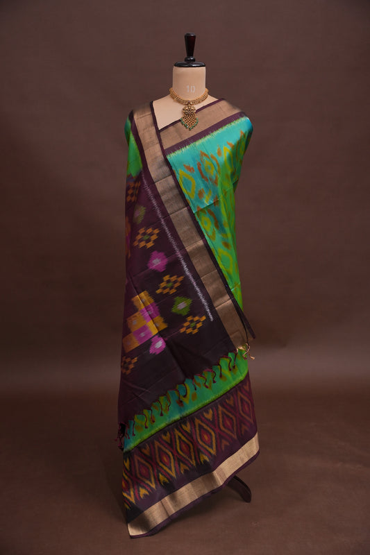 Pure Ikkat Soft Silk Saree - Coffee & Teal