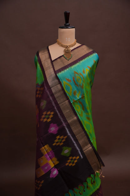 Pure Ikkat Soft Silk Saree - Coffee & Teal