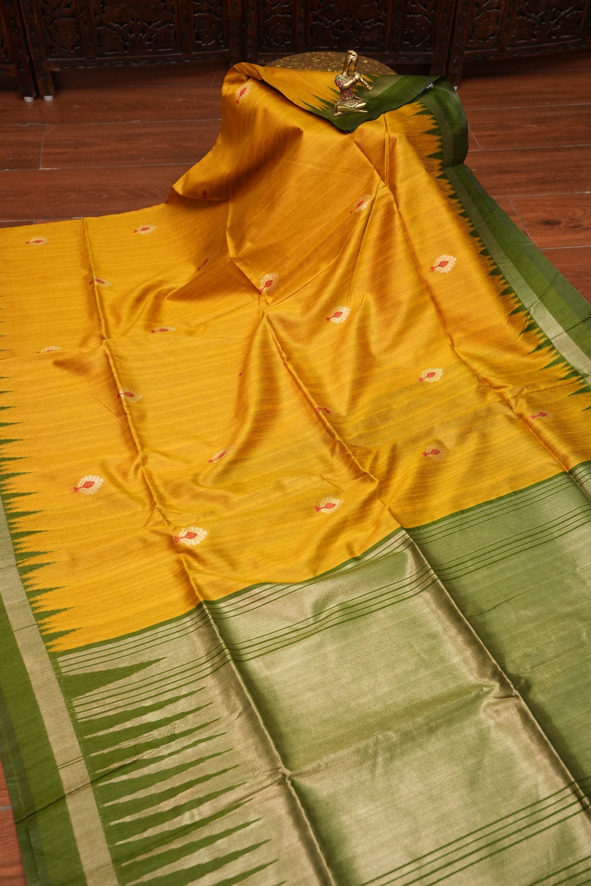 Semi Raw Silk Saree with Temple Border & Tissue Pallu – Mustard Yellow & Olive Green
