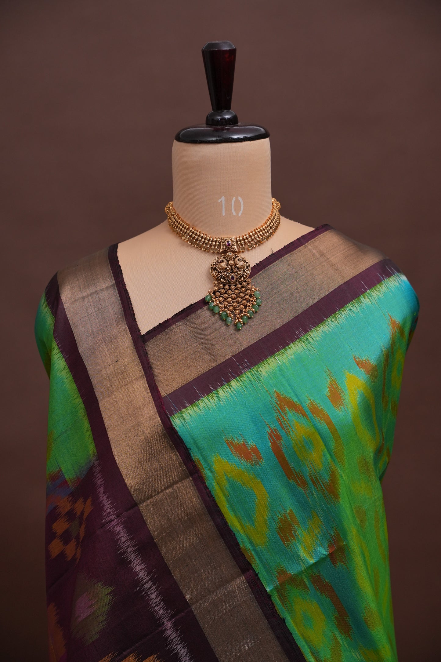 Pure Ikkat Soft Silk Saree - Coffee & Teal
