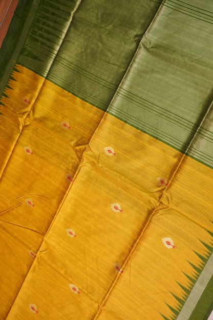 Semi Raw Silk Saree with Temple Border & Tissue Pallu – Mustard Yellow & Olive Green