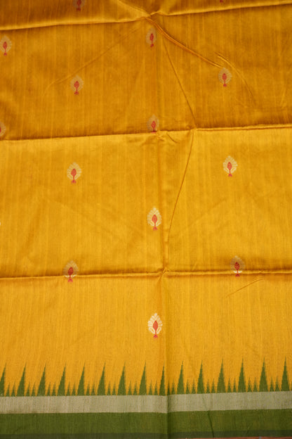 Semi Raw Silk Saree with Temple Border & Tissue Pallu – Mustard Yellow & Olive Green