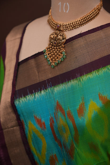 Pure Ikkat Soft Silk Saree - Coffee & Teal