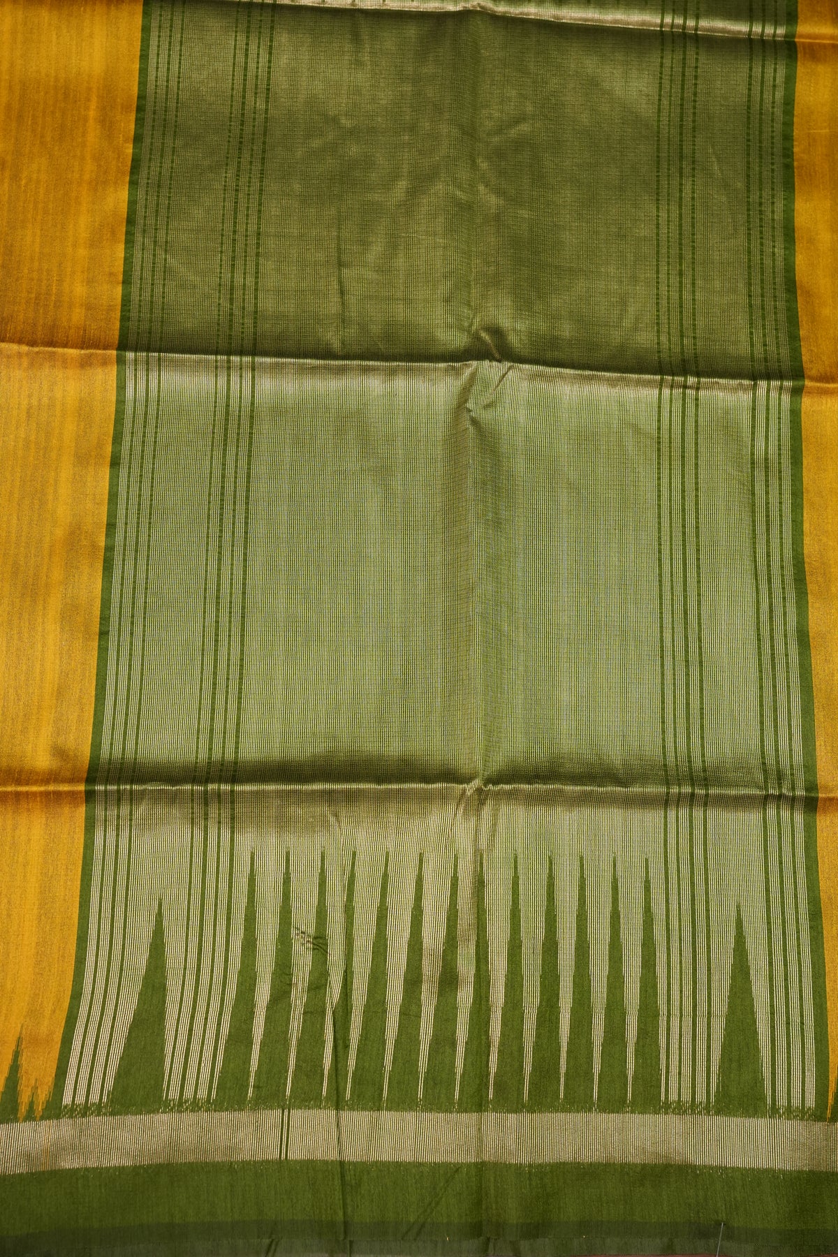 Semi Raw Silk Saree with Temple Border & Tissue Pallu – Mustard Yellow & Olive Green